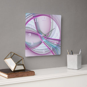 In Motion, Modern Abstract Colorful Fractal Art Square Wall Clock
