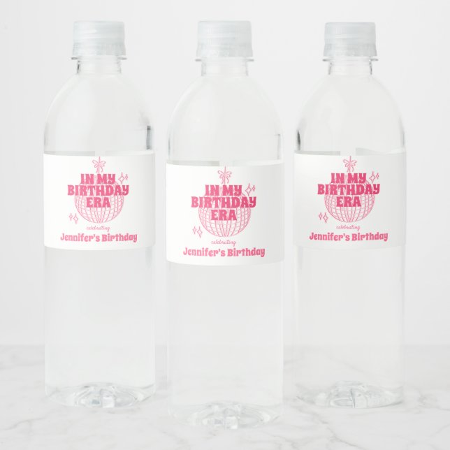  In My Birthday Era Retro Pink Disco Ball  Water Bottle Label (Bottles)