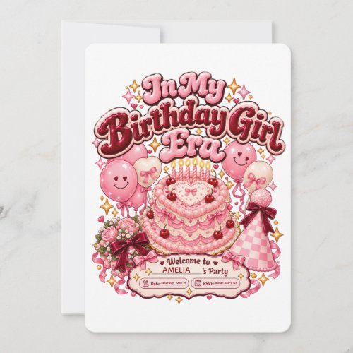 In My Birthday Girl Era Retro Heart Cake Invitation