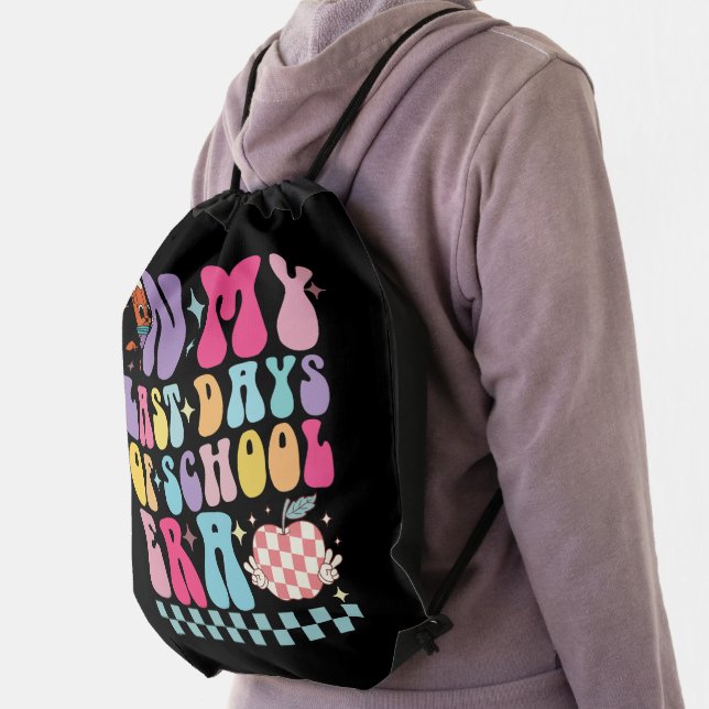 In My Last Days of School Era Teacher Life Groovy Drawstring Bag (Insitu)