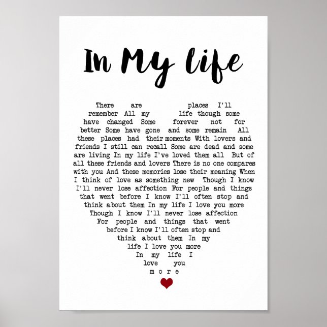 In My Life Wall Art Song Lyric Heart Print (Front)