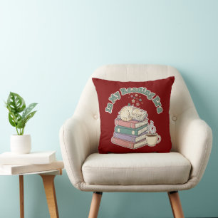 In My Reading Era Cute Cat Cozy Book Lover Aesthe Throw Pillow