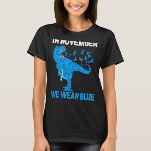 In November We Wear Blue Dino Trex Diabetes Awaren T_Shirt