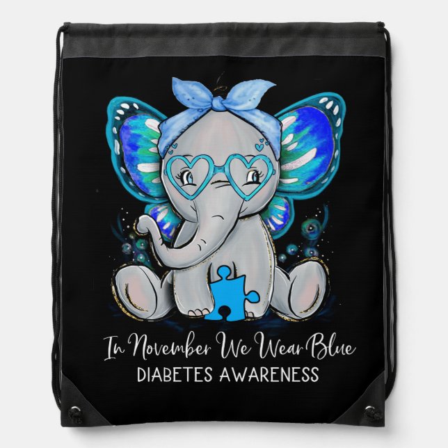 In November We Wear Blue Elephant Diabetes Drawstring Bag (Front)