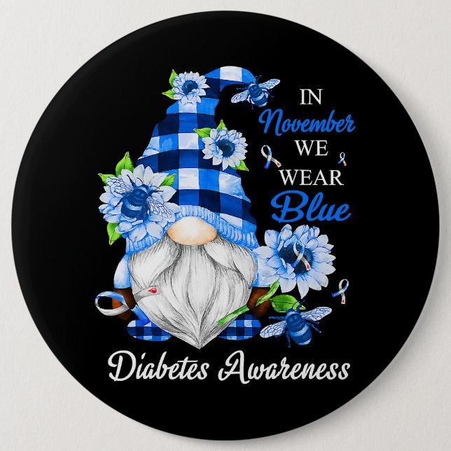 In November We Wear Blue Gnomes Diabetes Awareness Button (Front)