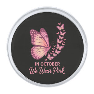 In October Pink Breast Butterfly Silver Finish Lapel Pin