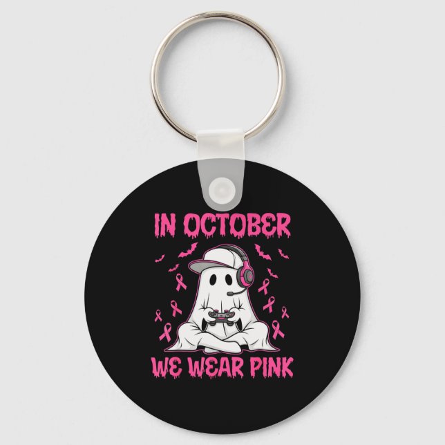 In October We Wear Nk Breast Cancer Gaming Ghost Y Keychain (Front)