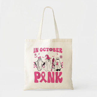 In October We Wear Pink Breast Cancer Groovy Ghost Tote Bag