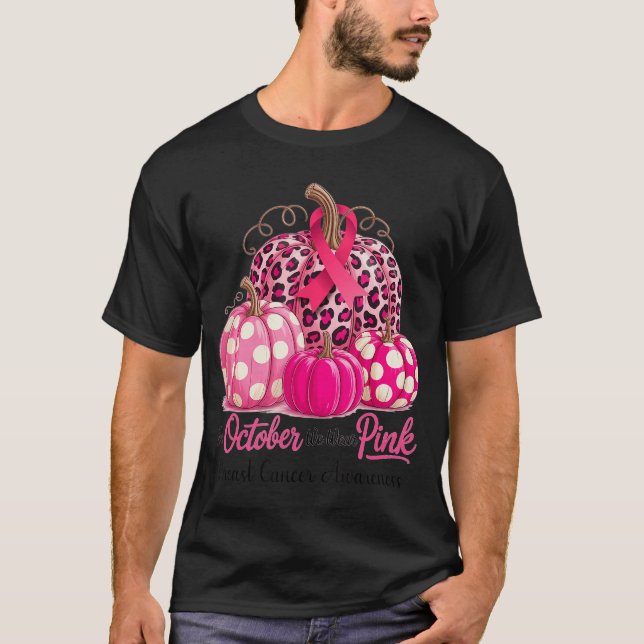 in October We Wear Pink Breast Cancer Pumpkin Fall T-Shirt (Front)