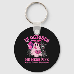 In October We Wear Pink Breast Cancer Women Ghost Keychain