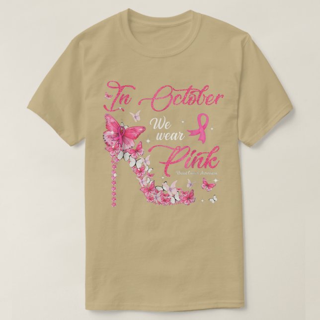 In October We Wear Pink Butterflies Breast Cancer  T-Shirt (Design Front)