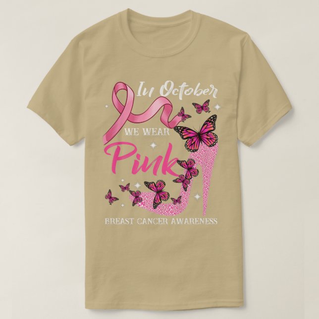 In October We Wear Pink Butterflies Breast Cancer  T-Shirt (Design Front)