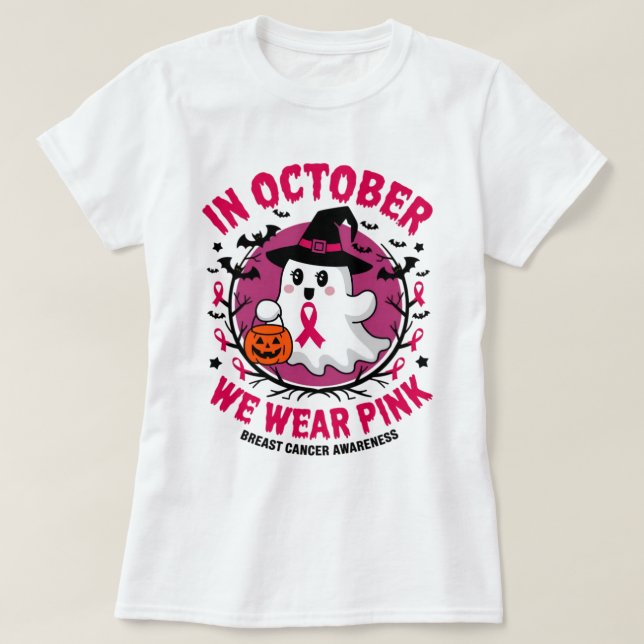 In October We Wear Pink Cancer Awareness Halloween T-Shirt (Design Front)