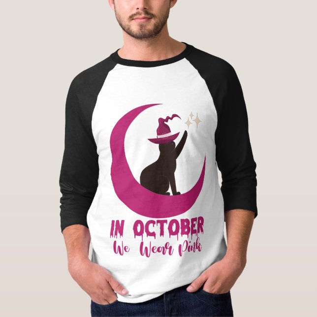 In October We Wear Pink Cat Breast Cancer Awarenes T-Shirt (Front)