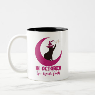 In October We Wear Pink Cat Breast Cancer Awarenes Two-Tone Coffee Mug