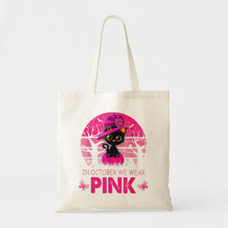 In October We Wear Pink Cute Cat Breast Cancer Awa Tote Bag