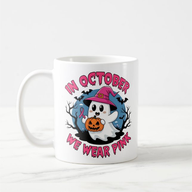  in october we wear pink cute ghost halloween coffee mug (Left)