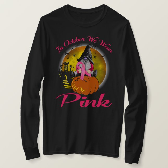 In October We Wear Pink Funny Gnomes Halloween Bre T-Shirt (Design Front)