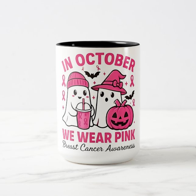 in October We Wear Pink Ghost Breast Cancer Awaren Two-Tone Coffee Mug (Center)