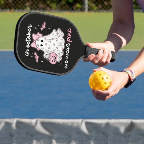 in October We Wear Pink Ghost Halloween Pickleball Paddle