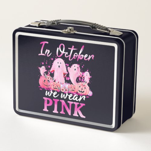 In October We Wear Pink Ghost Pumpkin Breast Cance Metal Lunch Box