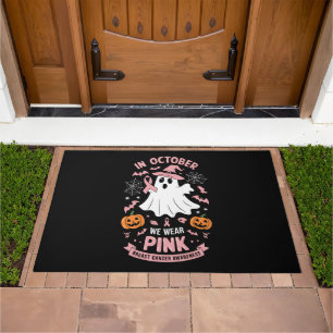 In October We Wear Pink Ghost Witch Breast Cancer Doormat