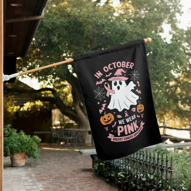 In October We Wear Pink Ghost Witch Breast Cancer  House Flag (In SItu)