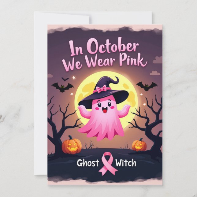 In October We Wear Pink Ghost Witch Breast Cancer  Invitation (Front)