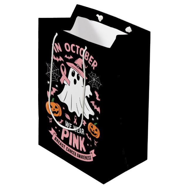In October We Wear Pink Ghost Witch Breast Cancer  Medium Gift Bag (Front Angled)
