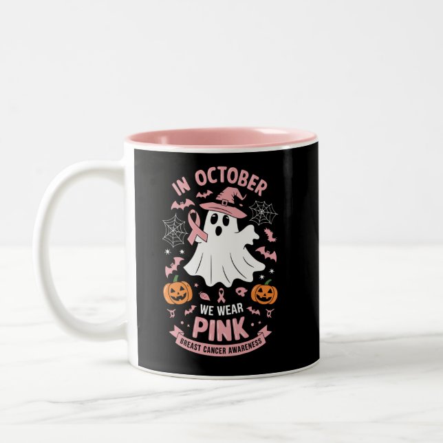 In October We Wear Pink Ghost Witch Breast Cancer  Two-Tone Coffee Mug (Left)