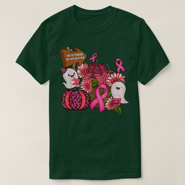 In October We Wear Pink Ghosts Leopard Pumpkin Bre T-Shirt (Design Front)