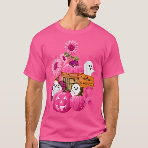 In October We Wear Pink Ghosts  Pumpkins For Brea T_Shirt