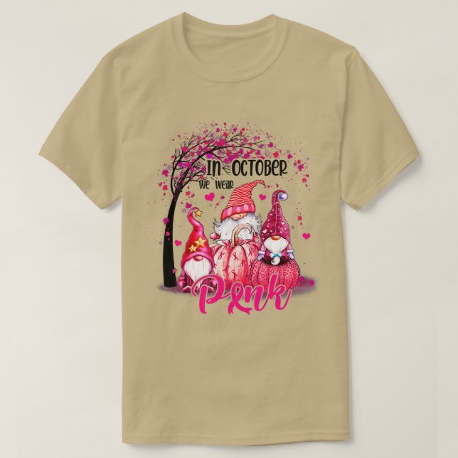In October We Wear Pink Gnomes Breast Cancer Aware T-Shirt (Design Front)
