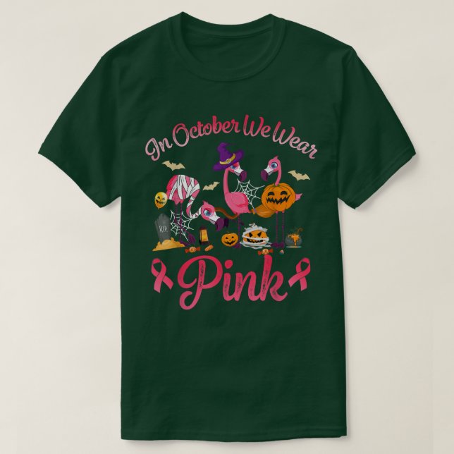 In October We Wear Pink Halloween Flamingo Breast  T-Shirt (Design Front)