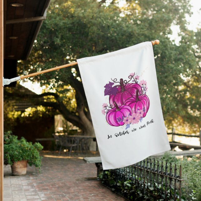 In October we wear Pink Halloween pumpkin fall House Flag (In SItu)