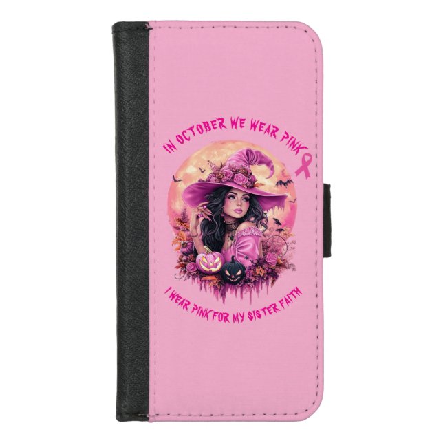 In October We Wear Pink Halloween Witch iPhone Wallet Case (Front)