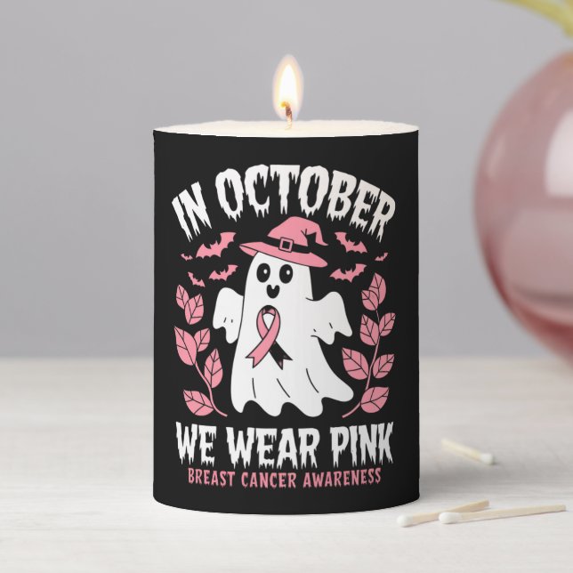 In October We Wear Pink Halloween Witch  Pillar Candle (In Situ)