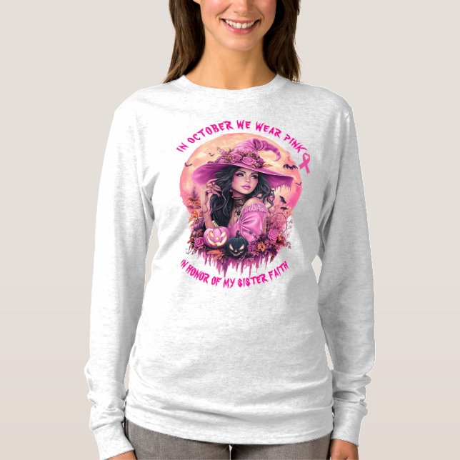 In October We Wear Pink Halloween Witch T-Shirt (Front)