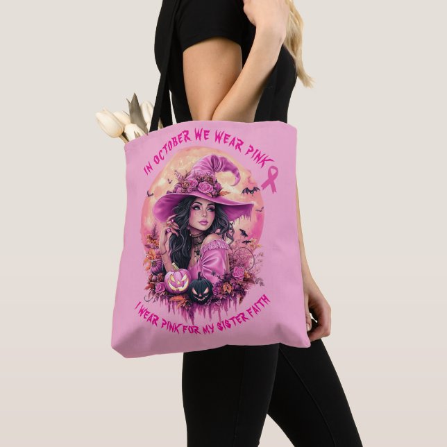 In October We Wear Pink Halloween Witch Tote Bag (Close Up)