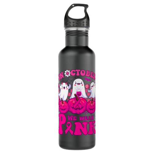 In October We Wear Pink Pumpkin Ghost Breast Cance Stainless Steel Water Bottle