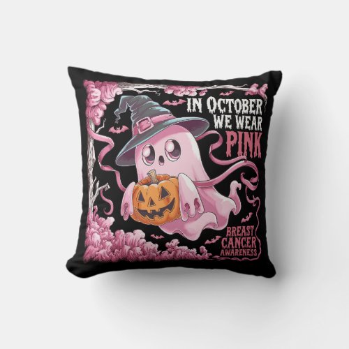 In October We Wear Pink Pumpkin Ghost Throw Pillow