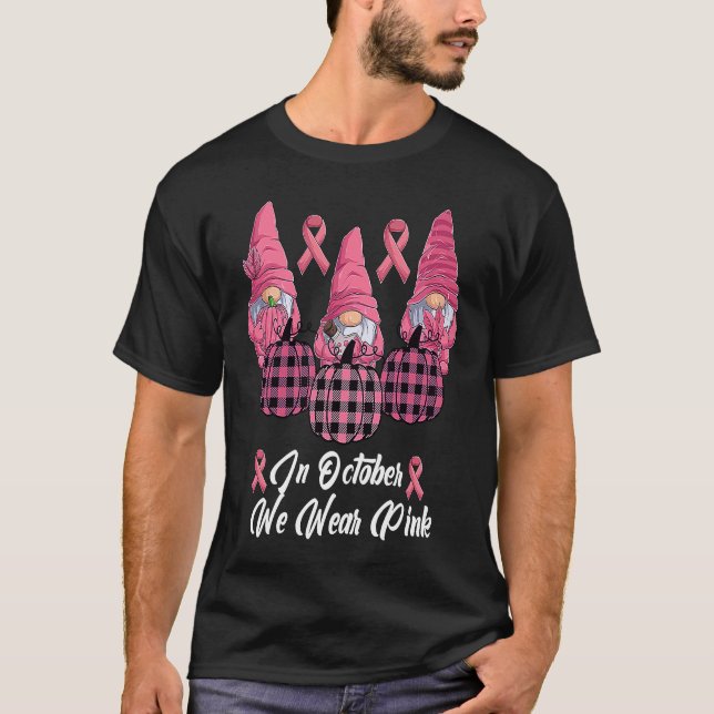 In October We Wear Pink Pumpkin Plaid Gnomes T-Shirt (Front)