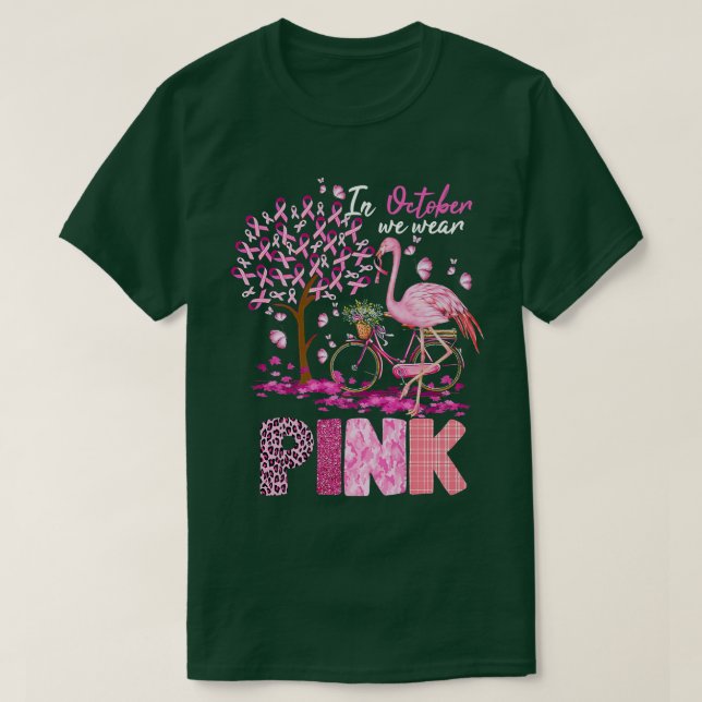 In October We Wear Pink Ribbon Cute Flamingo Breas T-Shirt (Design Front)