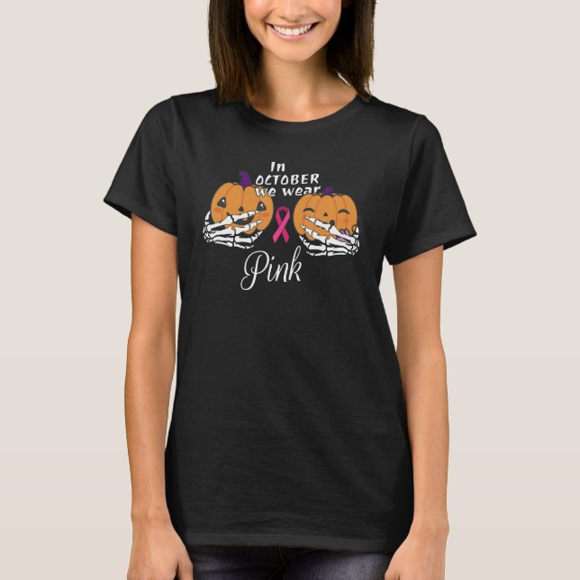 In October we Wear Pink Ribbon Halloween Pumpkins  T-Shirt (Front)