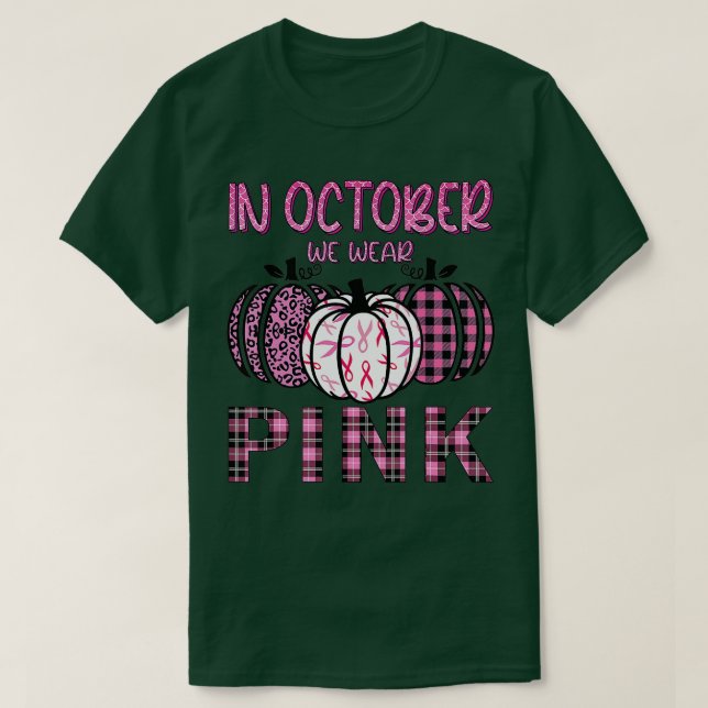 In October We Wear Pink Ribbon Leopard Pumpkin Bre T-Shirt (Design Front)