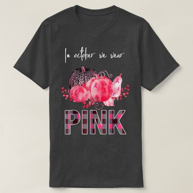In October We Wear Pink Ribbon Leopard Pumpkin Bre T-Shirt (Design Front)