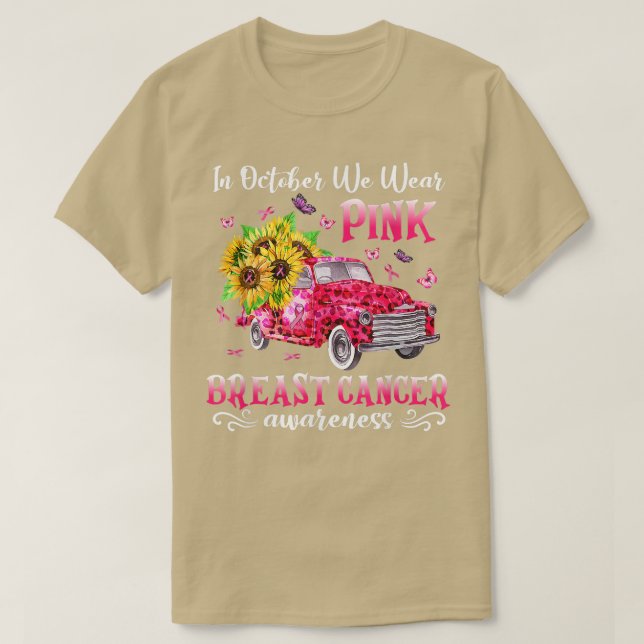 In October We Wear Pink Ribbon Leopard Truck Breas T-Shirt (Design Front)