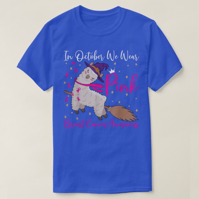 In October We Wear Pink Ribbon Llama Breast Cancer T-Shirt (Design Front)