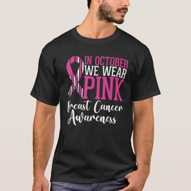 In October We Wear Pink Riboon American Flag Breas T-Shirt (Front)