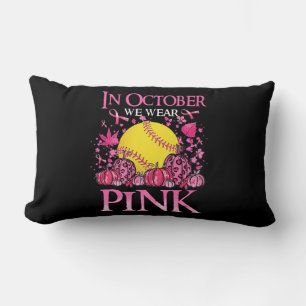 In October We Wear Pink Softball Breast Cancer Awa Lumbar Pillow